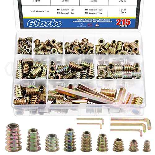 Glarks 215Pcs M4 M5 M6 M8 M10 Threaded Inserts Nuts Zinc Alloy Hex Socket Drive Furniture Screw-in Nut with Hex Wrenches for Wood Furniture Bolt Fastener Connector von Glarks