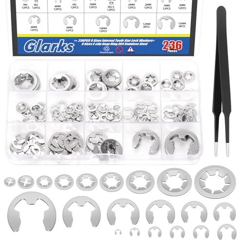 Glarks 237pcs 304 Edelstahl Interne Zahn Star Lock Unterlegscheiben und E-Clip Halteringe Kit Beinhaltet 100pcs 9 Größen Druck auf Verriegelungsscheiben und 136pcs 12 Größen E-Ring Circlip Ringe von Glarks