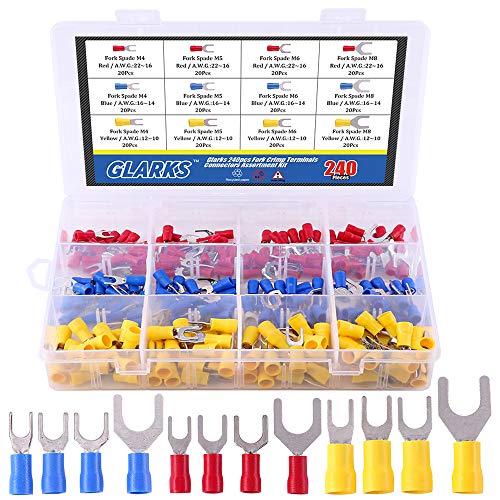 Glarks 240 Stück 22–16/16–14/12–10 Gauge Gabel-Spaten Schnellspleiß-Crimp Terminals Verbinder Sortiment Kit von Glarks