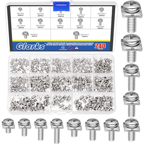 Glarks 240pcs M3 M3.5 M4 M5 Klemmenblock Schrauben mit quadratischen Unterlegscheiben Sets 12-Größen vernickelt Kohlenstoffstahl Klemmenblock Pan Head Schraube und quadratische Unterlegscheibe von Glarks