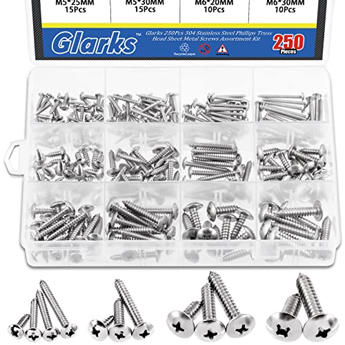 Glarks 250 Stück M3 M4 M5 M6 metrisch 304 Edelstahl Kreuzschlitz Traversenkopf Blech Tek Schrauben Sortiment Kit, 12 Größen 12–30 mm Flachkopf-Selbstschneidende Holzschrauben Set von Glarks