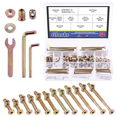 Glarks 253 Stück M6 Babybett-Schrauben Hardware-Ersatz-Kit, M6 x 30/40/50/60/70/80 mm Innensechskantschrauben mit Muttern, Unterlegscheiben und Werkzeugen für Stuhl, Tisch, Schränke, Möbel von Glarks