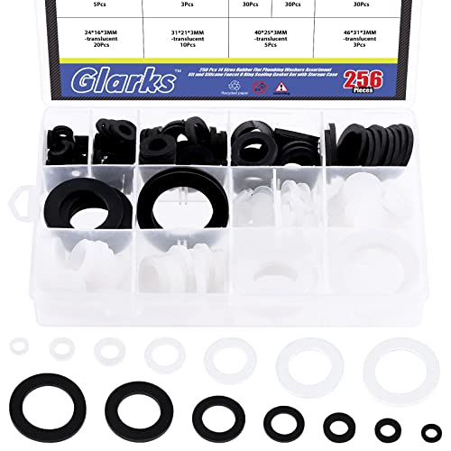 Glarks 256 Stück hydraulische Gummi-Unterlegscheiben in 7 Größen und Silikonschlauch O-Ring Dichtungssatz flach für Wasserhahn Messing Gartenschlauch Badewanne Duschschlauch Filterkopf Wasserhahn von Glarks