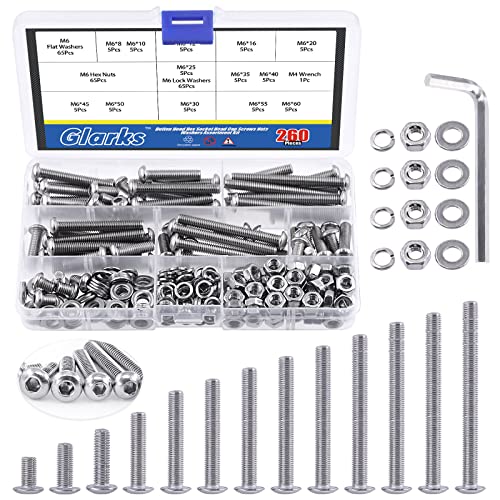 Glarks 260 Stück 13 Größe M6 304 Edelstahl Halbrundkopfschrauben Innensechskantschrauben Schrauben und Muttern Unterlegscheiben Sortiment Kit mit Sechskantschlüssel für Maschinen Möbel Auto Reparatur von Glarks