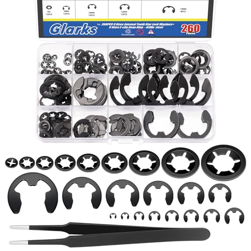 Glarks 261pcs 65Mn-Stahl Interne Zahn Stern Lock Unterlegscheiben und E-Clip Retaining Ringe Kit beinhaltet 100pcs 9 Größen Druck auf Verriegelungsscheiben und 160pcs 14 Größen E-Ring Circlip Ringe Glarks 261pcs 65Mn-Stahl Interne Zahn Stern Lock Unterlegscheiben und E-Clip Retaining Ringe Kit beinhaltet 100pcs 9 Größen Druck auf Verriegelungsscheiben und 160pcs 14 Größen E-Ring Circlip Ringe von Glarks