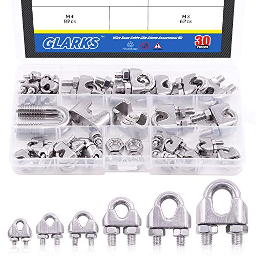 Glarks 30 Stück M2 M3 M4 M6 M8 M10 Drahtseilklemmen Sortiment Set 304 Edelstahl Drahtseilklemmen Kabelklemmen für Takelage Seil, Draht und Kabel von Glarks