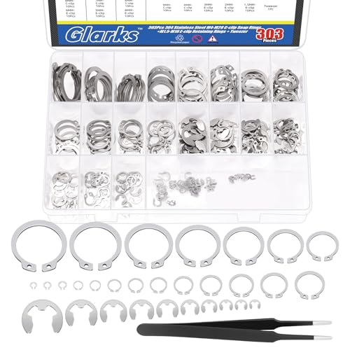 Glarks 302Pcs 304 Edelstahl C-clip Externe Halteringe und E-clip Halteringe Sortiment Set, 202Pcs 4MM-28MM Circlip Snap Halteclip und 100Pcs E-Ring Circlip Ringe und eine Pinzette von Glarks