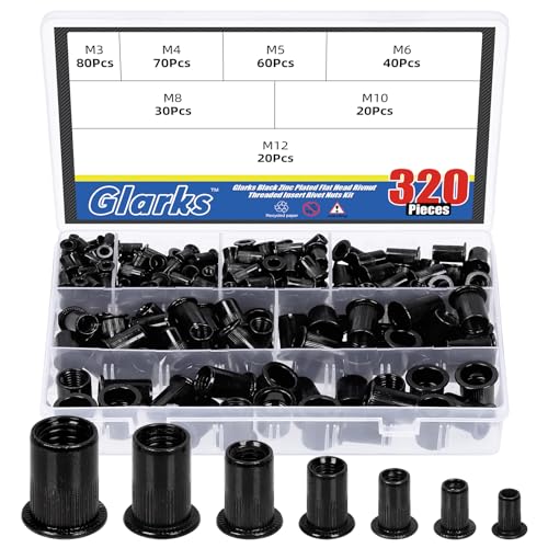 Glarks 320Pcs Metrische Nietmuttern Kit M3 M4 M5 M6 M8 M10 M12 Nietmuttern Schwarz verzinkt Kohlenstoffstahl Flachkopf Nietmutter Gewindeeinsatz Nietmuttern Sortiment Set von Glarks