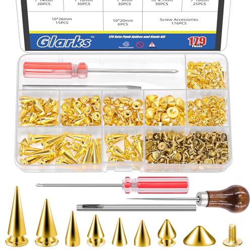 Glarks 355pcs Golden Punk Spikes und Studs Kit, 7-Größen Zink Legierung Kegel Spike und Niete, Metall Leder Baum Spikes Studs mit Kratzer Awl Schraubendreher Punch von Glarks