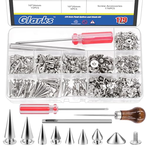 Glarks 355pcs Silber Punk Spikes und Studs Kit, 7-Größen Zink Legierung Kegel Spike und Stud Niete, Metall Leder Baum Spikes Studs mit Scratch Awl Schraubendreher Punch von Glarks