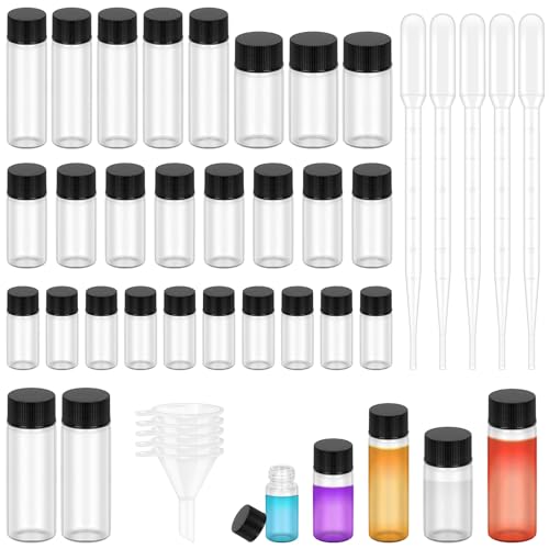 Glarks 38Pcs 5ML 10ML 15ML 20ML 30ML Klarglasfläschchen mit schwarzen Schraubkappen, kleine flüssige Probenfläschchen, leckagesichere Fläschchen mit Tropfen und kleinem Trichter-Set von Glarks