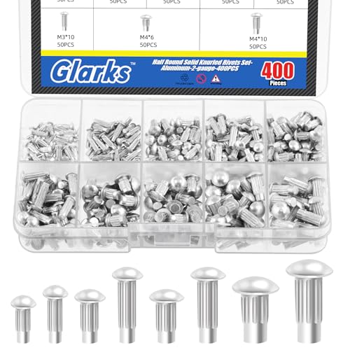 Glarks 400Pcs Solid Nieten Knulled Shanks Set, M2 M2.5 M3 M4 Halbrunder Kopf Aluminium Solid Nieten Sortiment Kit mit Aufbewahrungsbox Home Outdoor Hardware Tool von Glarks