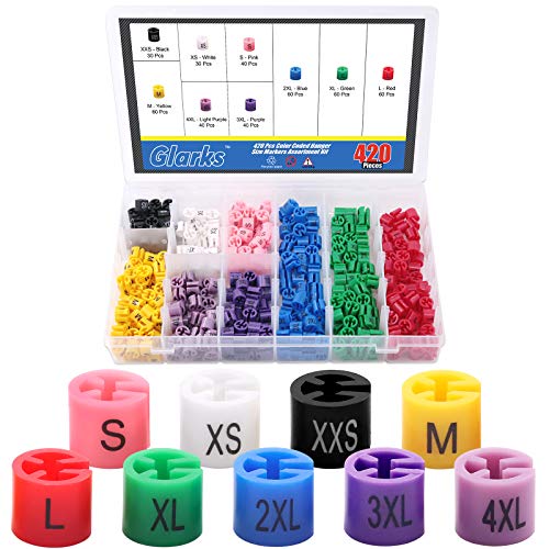 Glarks 420 Stück 9 Farben 『XXS – 4XL』 Farbige Kleidergrößenmarkierer Farbcodierte Größen-Clips Sortiment Set passend für 2–4 mm Kleiderhaken für Drahtbügel. von Glarks