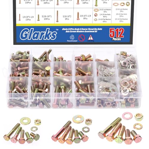 Glarks 512 Stück Grobgewinde Sechskantschrauben Muttern Schrauben Unterlegscheiben Sortiment Kit, 1/4-20 5/16-18 3/8-16 Zoll 15 Größe Sechskantschrauben und Sechskantmuttern flache Unterlegscheiben von Glarks