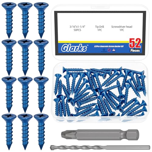 Glarks 52pcs 3/16’’ x 1-1/4’’ Kreuz Flachkopf Beton Schraube Anker Kit, blaue Schwerlast Zement Schrauben mit Bohrboch und PH2 Bit für die Verankerung an Mauerwerk von Glarks