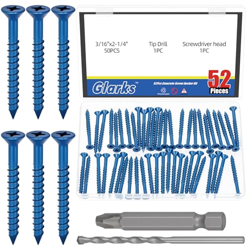 Glarks 52pcs 3/16’’ x 2-1/4’’ Kreuz Flachkopf Beton Schraube Anker Kit, blaue Schwerlast Zement Schrauben mit Bohrboch und PH2 Bit für die Verankerung an Mauerwerk Glarks 52pcs 3/16’’ x 2-1/4’’ Kreuz Flachkopf Beton Schraube Anker Kit, blaue Schwerlast Zement Schrauben mit Bohrboch und PH2 Bit für die Verankerung an Mauerwerk von Glarks
