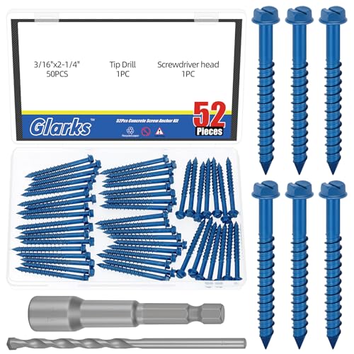 Glarks 52pcs 3/16 x 2-1/4 '' Schlitz Hex Waschkopf Betonschrauben Ankersatz, blaue Schwerlast Zementschrauben mit Bohrbutzen und Treiberbutzen zur Verankerung an Mauerwerk, Stuck von Glarks
