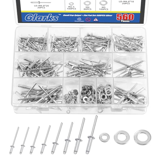 Glarks 560Pcs Silber Blindniete Befestigungs-Kit, 8-Größen-Aluminium-Pop-Nieten mit 3-Größen-Backup-Unterlegscheiben-Sortiment-Kit für Luftfahrt-Automobilmöbel-Gebrauch Glarks 560Pcs Silber Blindniete Befestigungs-Kit, 8-Größen-Aluminium-Pop-Nieten mit 3-Größen-Backup-Unterlegscheiben-Sortiment-Kit für Luftfahrt-Automobilmöbel-Gebrauch von Glarks