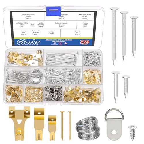 Glarks 568pcs Bild hängende Ausrüstung, hängende Hardware mit Haken, Draht, Nägel, D-Ring, Wand hängende Ausrüstung, Heavy Duty Bilderhänger Rahmen Haken Hardware von Glarks