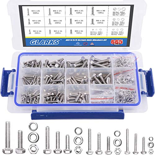Glarks 665Pcs M3 M4 M5 M6 Edelstahl Flachhexausschrauben Schrauben Muttern und flache Dichtungs Federscheiben Sortiment Set von Glarks