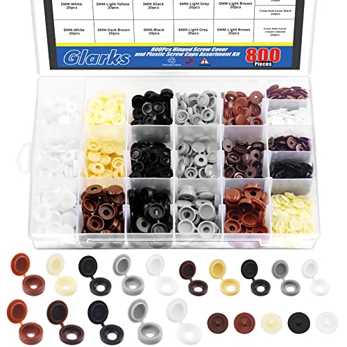 Glarks 800 Stück 2 Stile 9 Farben Schraubdeckelabdeckungen Sortimentskit, 300 Stück 4 mm 5 mm 6 mm Scharnierschrauben Abdeckkappen Faltschrauben Schnappdeckel Unterlegscheibe Flip Tops von Glarks