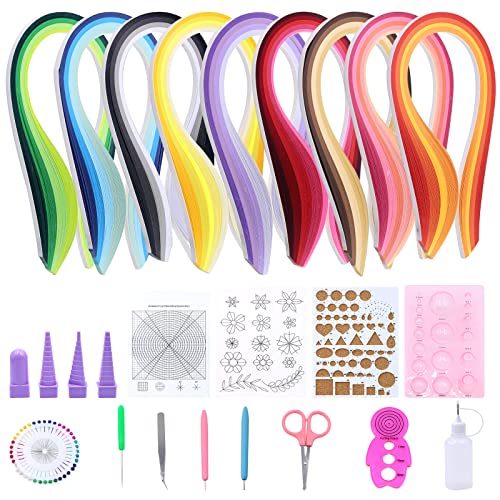 Glarks 916-teiliges Papier-Quilling-Werkzeug-Set, 900 Stück, 5 mm, 45 Farben, Streifen mit Schlitzstift, Curling-Pinzette, Ahle-Form, Perlen-Pinzette, Bump-Styler-Form, koordinierte Einstellung von Glarks