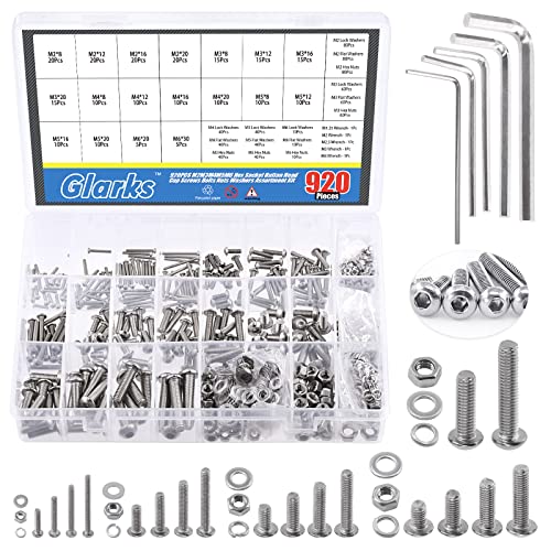 Glarks 925 Stück M2 M3 M4 M5 M6 Edelstahl Knopfkopf Innensechskantschraube Bolzen und Muttern Sortiment Kit mit Sechskantmuttern, flache Unterlegscheiben, Möbel, Autoreparatur von Glarks