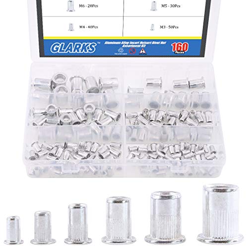 Glarks Nietmuttern-Sortiment-Set, Aluminiumlegierung, M3, M4, M5, M6, M8, M10, Flachkopf, metrisches Gewinde, 160 Stück von Glarks