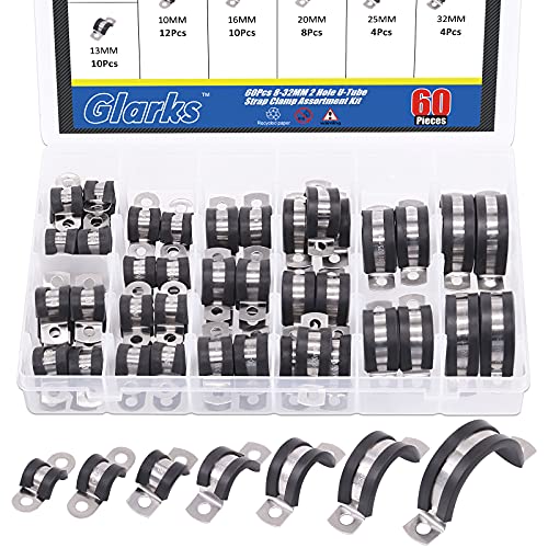 Glarks U-Rohr-Klemmen-Set mit 2 Löchern, 8–32 mm, 304 Edelstahl, mit Gummipolster für starre Rohrbefestigung, U-Halter-Sortiment-Set (8–32 mm), 60 Stück von Glarks