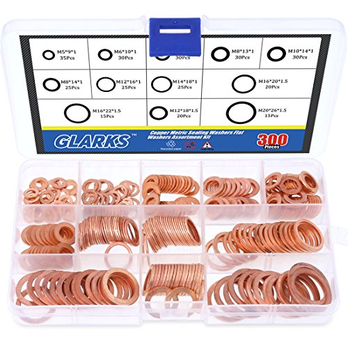 glarks 300 Stück Metrisches flach Ring Kupfer Dichtscheiben Sortiment Set – 8 Größen von M6 M8 M10 M12 M14 M16 M18 M20 von Glarks