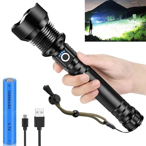 Glarylight Taschenlampe Led Aufladbar 500000 Lumen, Led Taschenlampe Extrem Hell XHP90.2, Taktische Taschenlampen Batteriebetrieben mit IPX7 Wasserdicht, 5 Lichtmodi Flashlight für Notfälle Camping von Glarylight