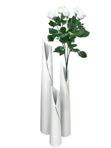 GlasArt Blumenvase Vase Pure White Schlank weiß schlicht edel 30-50cm hoch, Wohnzimmer Fensterbank, Keramik (40x7 cm) von Glas Art handmade