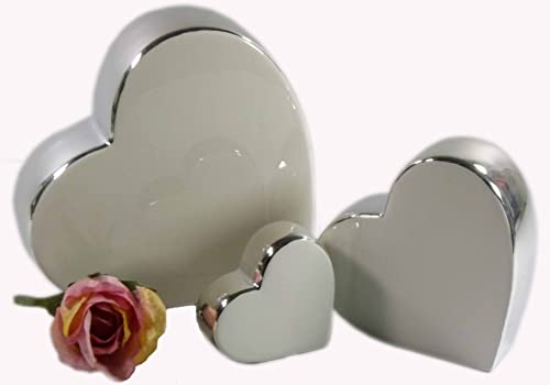 2er Set Dekofigur Herz, Keramikfigur, Weiß/Silber, Größen: 8-18cm (13x12x5cm) von Glas Art