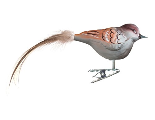 Birds of Glass® Glas-Vogel, Haussperling Spatz mit Naturfeder, Glasschmuck Made in Germany aus eigener Herstellung, deko Vogel mit Clip, echter Lauschaer Christbaumschmuck, für den Innenbereich von Glas-Bartholmes