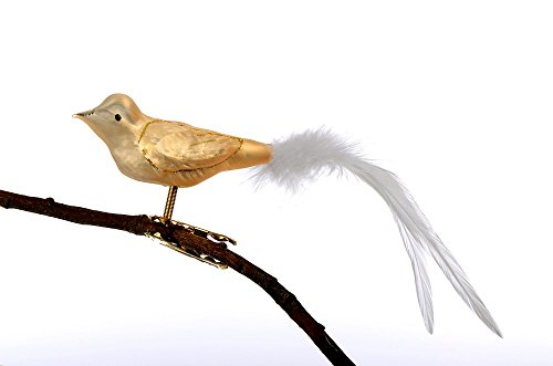Thüringer Weihnacht 52-124 Kleiner Glas-Vogel mit Federschwanz, Eislack Champagner von Glas-Bartholmes