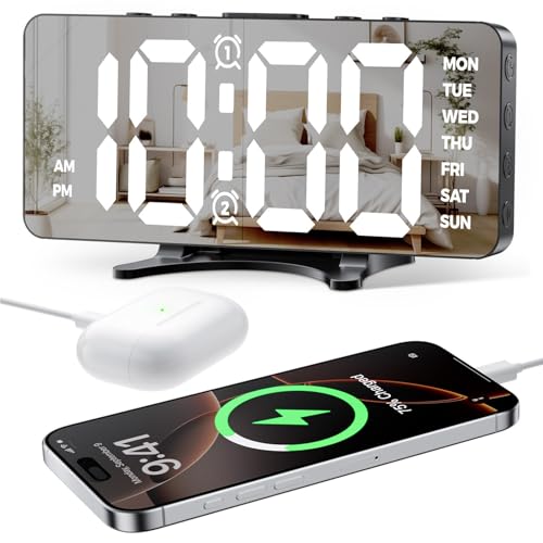 GlasFlength Wecker Digital, 7" LED Spiegel Wecker mit Snooze 4 Automatische Helligkeitsanpassung Digital Uhr mit 2 USB-Ladeanschlüssen für Nachttisch Schlafzimmer Room Dekor und Büro (Schwarz) von GlasFlength