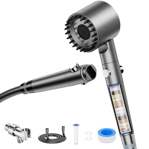 GlasFlength Duschkopf mit Filter, Wassersparender mit 15 Schichten Filtration 3 Strahlarten Hochdruck Handbrause Duschbrause Duschkopf mit 1.5M Schlauch und Halterung Massage Shower Head (Grau) von GlasFlength