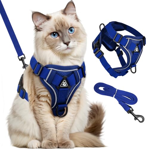 GlasFlength Katzengeschirr mit Leine Ausbruchsicher, Katzenleine mit Geschirr für Katzen Verstellbar Katzen Geschirr Set Cat Harness Softgeschirr für Katze mit Reflektierenden Streifen (Dunkelblau-S) von GlasFlength