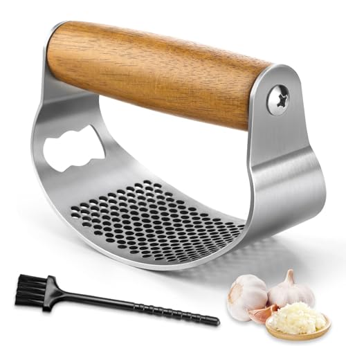 GlasFlength Knoblauchpresse Edelstahl Wippe, Knoblauchwippe Knoblauchschäler Griff aus Holz Knoblauchpressen Knoblauch Wippe Verdickt Garlic Presse Crusher Küchengadgets Leicht zu Reinigen von GlasFlength