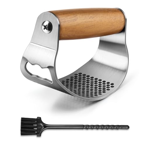 GlasFlength Knoblauchpresse Wippe Edelstahl, Knoblauchwippe knoblauchschneider Knoblauch Presse Griff aus Holz Knoblauchpressen Knoblauch Wippe Garlic Crusher Leicht zu Reinigen mit kleinem Pinsel von GlasFlength