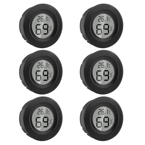 GlasFlength LCD Digital Thermometer Hygrometer, 6 Pack Thermometer Innen Mini Temperatur und Luftfeuchtigkeitsmesser ℃/℉ für Gewächshaus Keller Babyzimmer Wohnzimmer Büro (Schwarz Rund) von GlasFlength