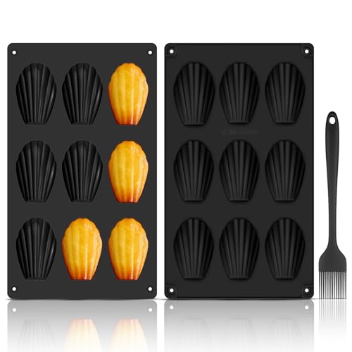 GlasFlength Madeleine Backformen Silikon, 2 PCS Madeleines Bärentatzen Backform 9 Hohlräume mit Silikonpinsel Wiederverwendbar für Madeleine Kekse Kuchen Schokolade SüßIgkeiten EiswüRfel (Schwarz) von GlasFlength