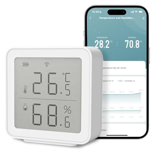 GlasFlength Thermometer Hygrometer Innen, Digitales Thermo-Hygrometer Bluetooth LCD Temperatur und Luftfeuchtigkeitsmesser mit APP & Datenspeicherung für Zuhause Gewächshaus Weinkeller (WEISS) von GlasFlength