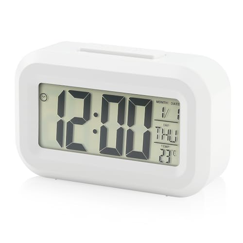 GlasFlength Wecker Digital, Elektronischer Wecker Nachttisch mit Große LCD Anzeige Ohne Ticken Wecker Digital Mit Temperaturanzeige Datum Snooze Kinderwecker für Home Office Batteriebetrieben(Weiß) von GlasFlength