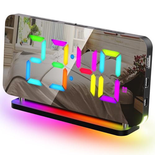 GlasFlength Wecker Digital, LED Digitaler Wecker 5 Helligkeits Digitale Uhr mit 11 RGB Nachtlicht 5 Lautstärke Digitalwecker mit Leuchtziffern 7" Spiegeluhr Uhr Digital Schlafzimmer mit Snooze 12/24HR von GlasFlength