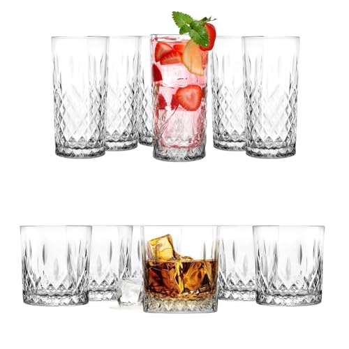 Glasmark KROSNO 1992 2 Gläser Sets Wassergläser Trinkgläser Longdrink Cocktail Gin Wasser Trinkglas Wasserglas Whisky Bourbon Rum Cocktail Alkohol Transparent Mit Kristall Effekt 6 x 300ml + 6 x 280ml von Glasmark KROSNO 1992