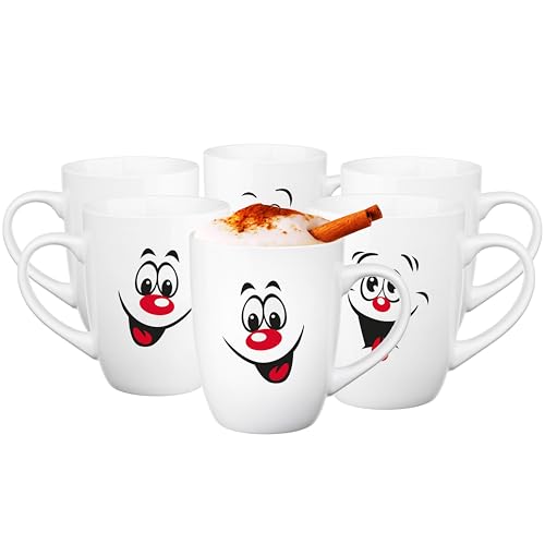 Glasmark Krosno Kaffeebecher Weiß Mit Henkel Becher Keramik Keramikbecher Set 6-teilig Coffee Mug Cup Teebecher Lustige Smileys 300 ml von Glasmark KROSNO 1992