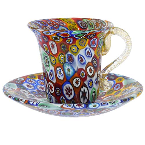 Glas Venedig Murano Glass Millefiori Cup und Untertasse Multicolor mit 24.000 Goldakzenten von Glass Of Venice