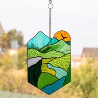 Sonnenuntergang Glasmalerei Fensterbehänge Muttertagsgeschenk Bergdekor Moderne von GlassArtStories