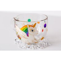 Einhorn Becher Handbemalter Kaffee Glasbecher Teetasse Sparkling Design Kinderbecher von GlassBayStudio